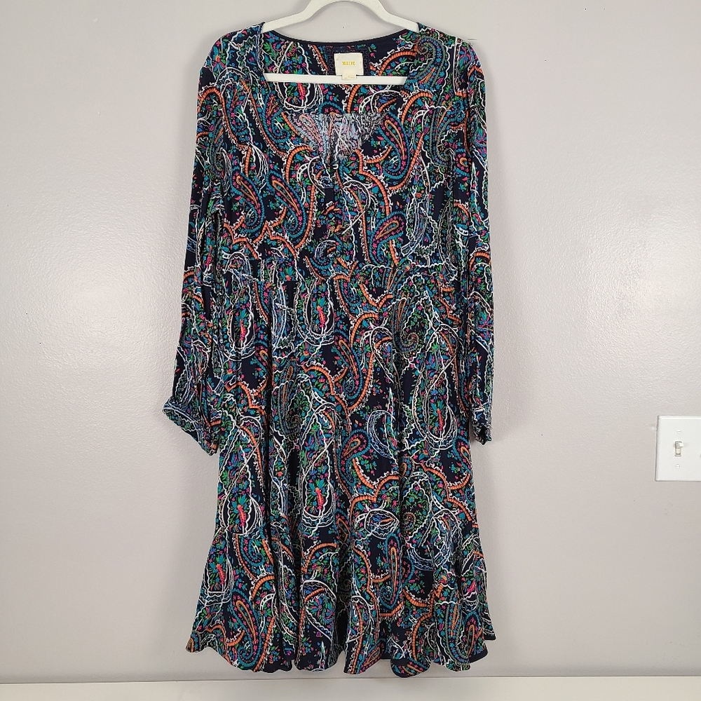 Anthropologie x Maeve Colorful Paisley Floral Long Sleeve V-neck A-line Dress XL